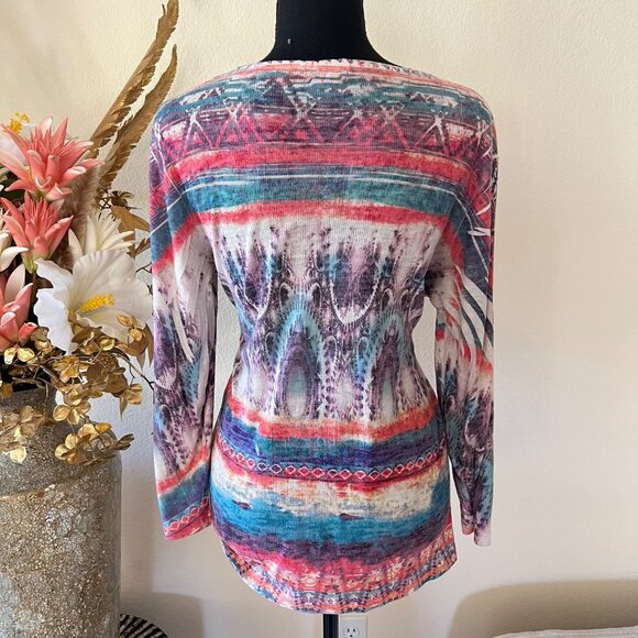 Y2K Boho Chic Embroidered Artsy Multicolor Rhinestone Stretchy Top - Picture 3 of 9